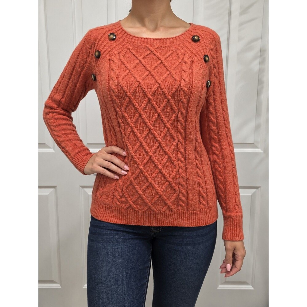 Women's Orange Solid Cable-Knit Crew Neck Raglan Long Sleeve Pullover Sweater M